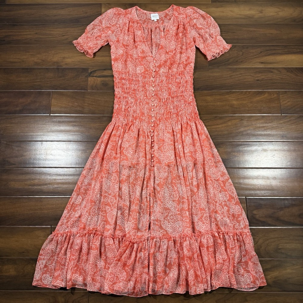 Misa Women's Size Small Coral Floral Chiffon Smocked Maxi Parisa‎ Dress